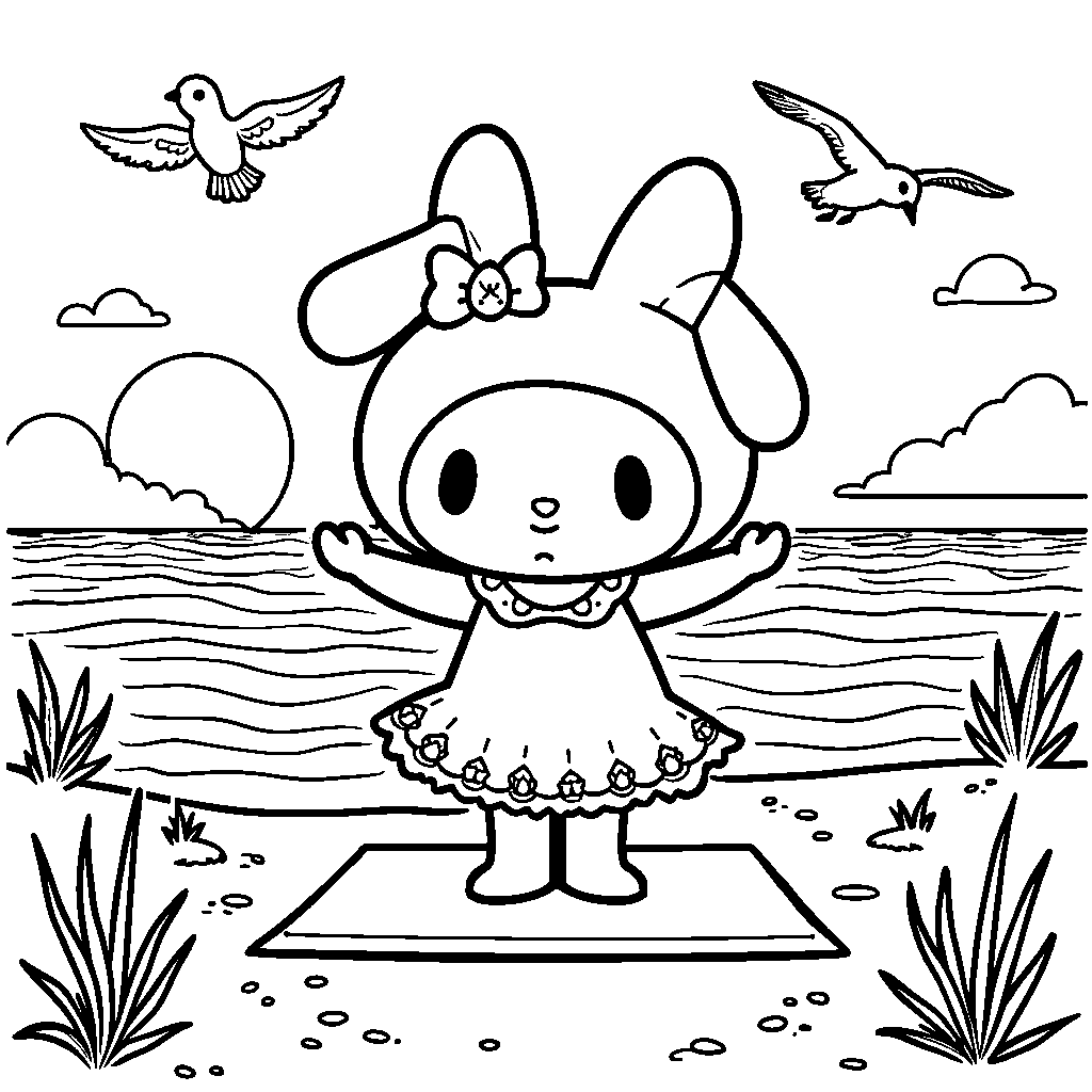 My Melody doing yoga on a peaceful beach