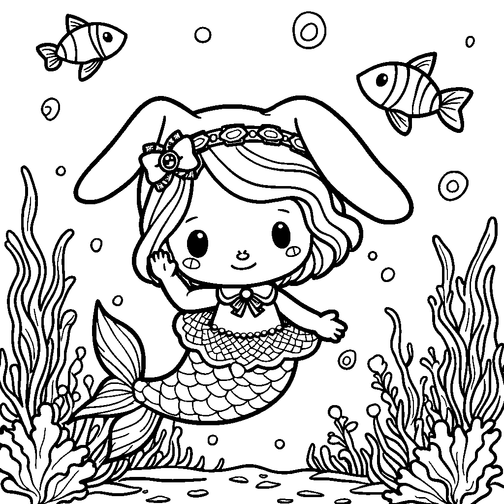 My Melody dressed up as a mermaid swimming in the ocean