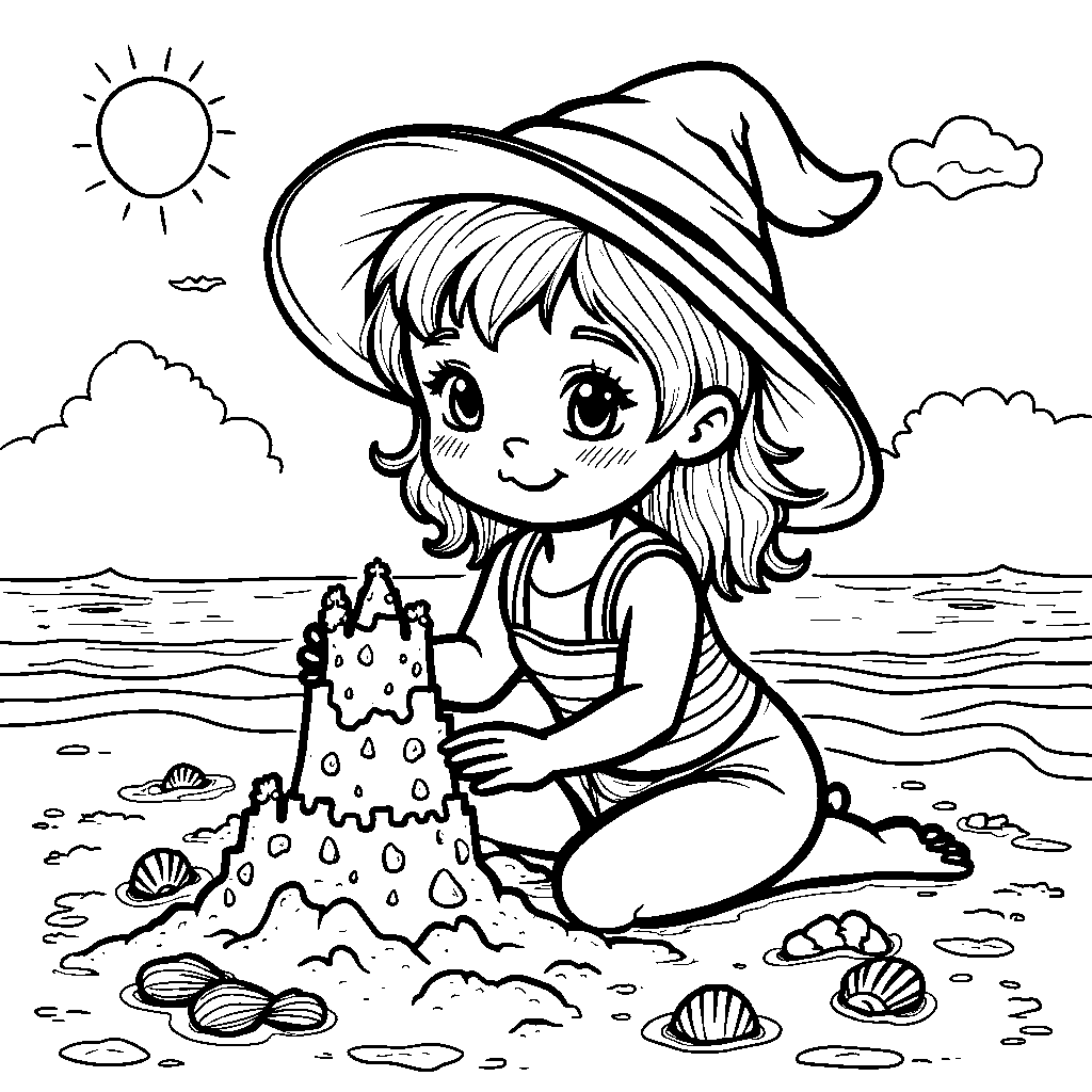 My Melody enjoying a day at the beach, building sandcastles