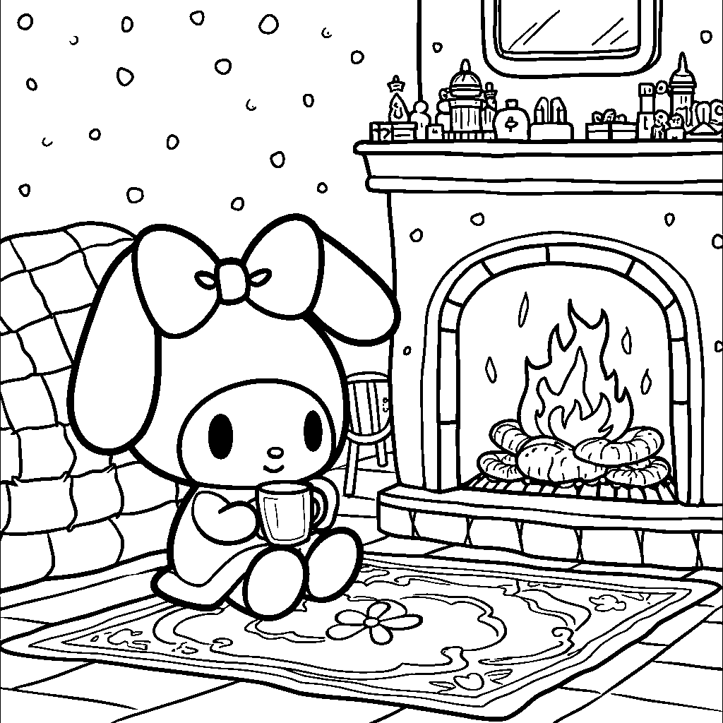 My Melody enjoying a hot cocoa by the fireplace.