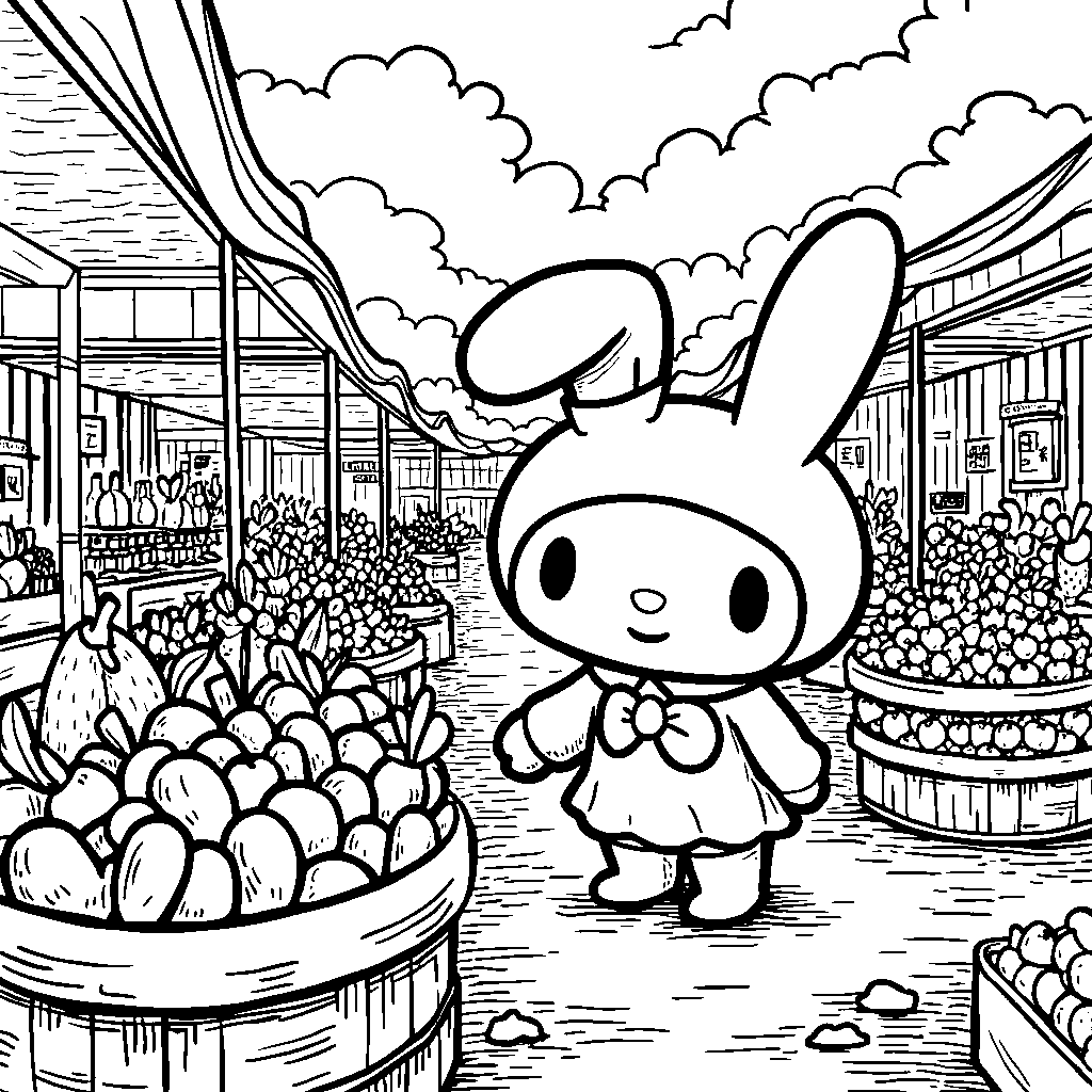 My Melody exploring a farmer's market full of fruits and veggies