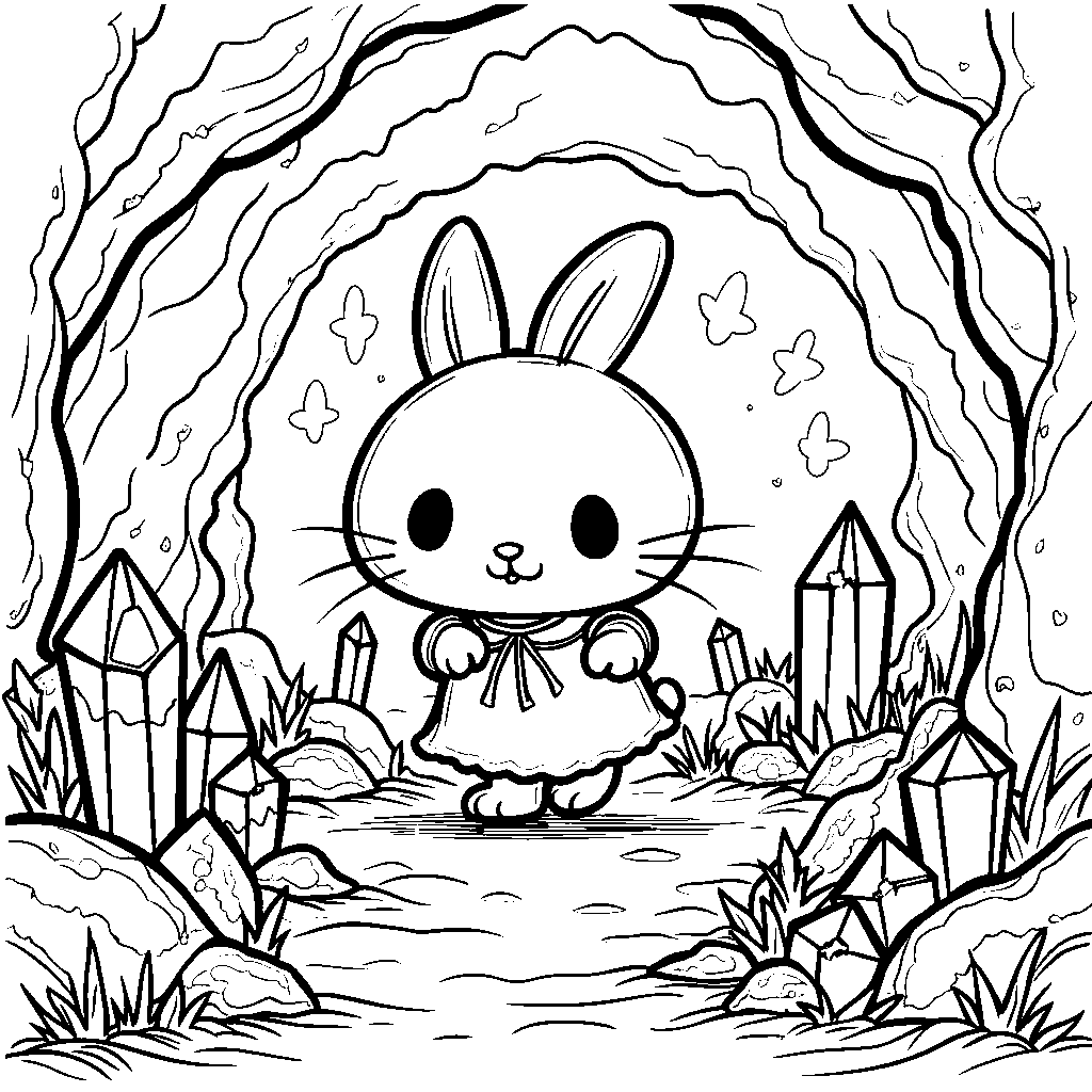 My Melody exploring a mysterious cave with crystals