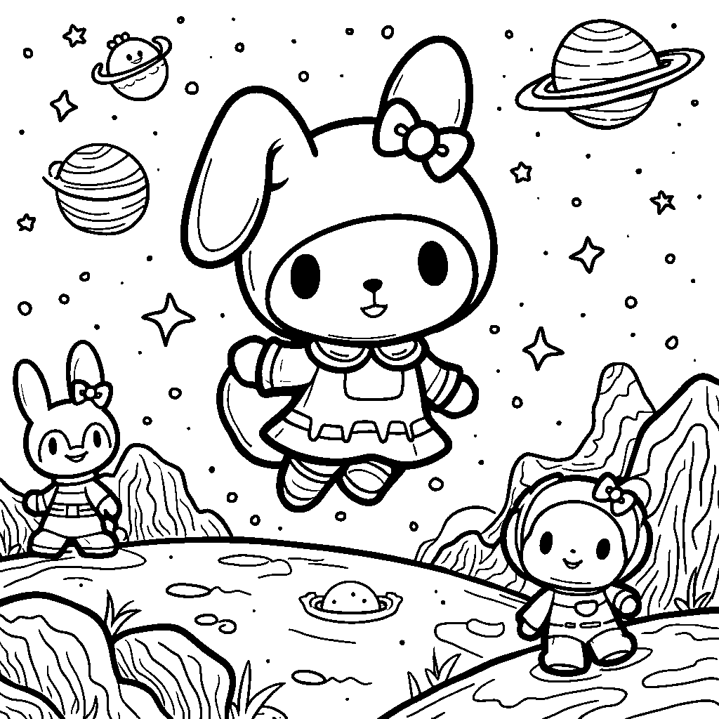 My Melody exploring outer space with adorable aliens