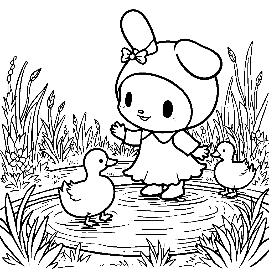 My Melody feeding ducks at a pond