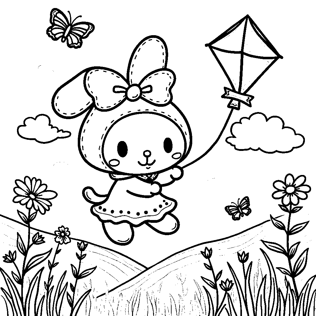 My Melody flying a colorful kite on a sunny day