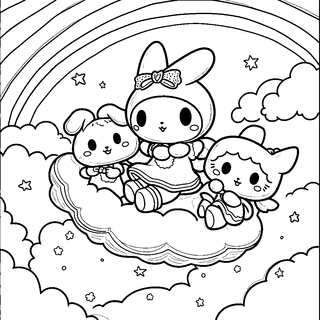 My Melody flying through the sky with her friends on clouds