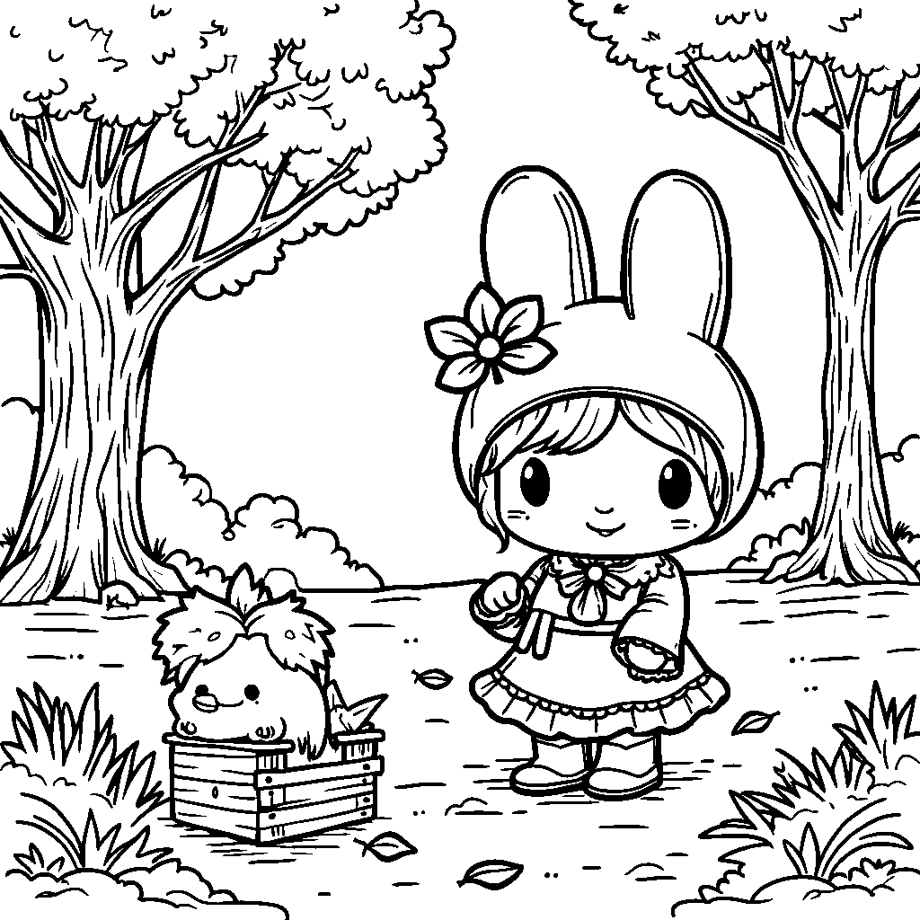 My Melody gathering autumn leaves in a park