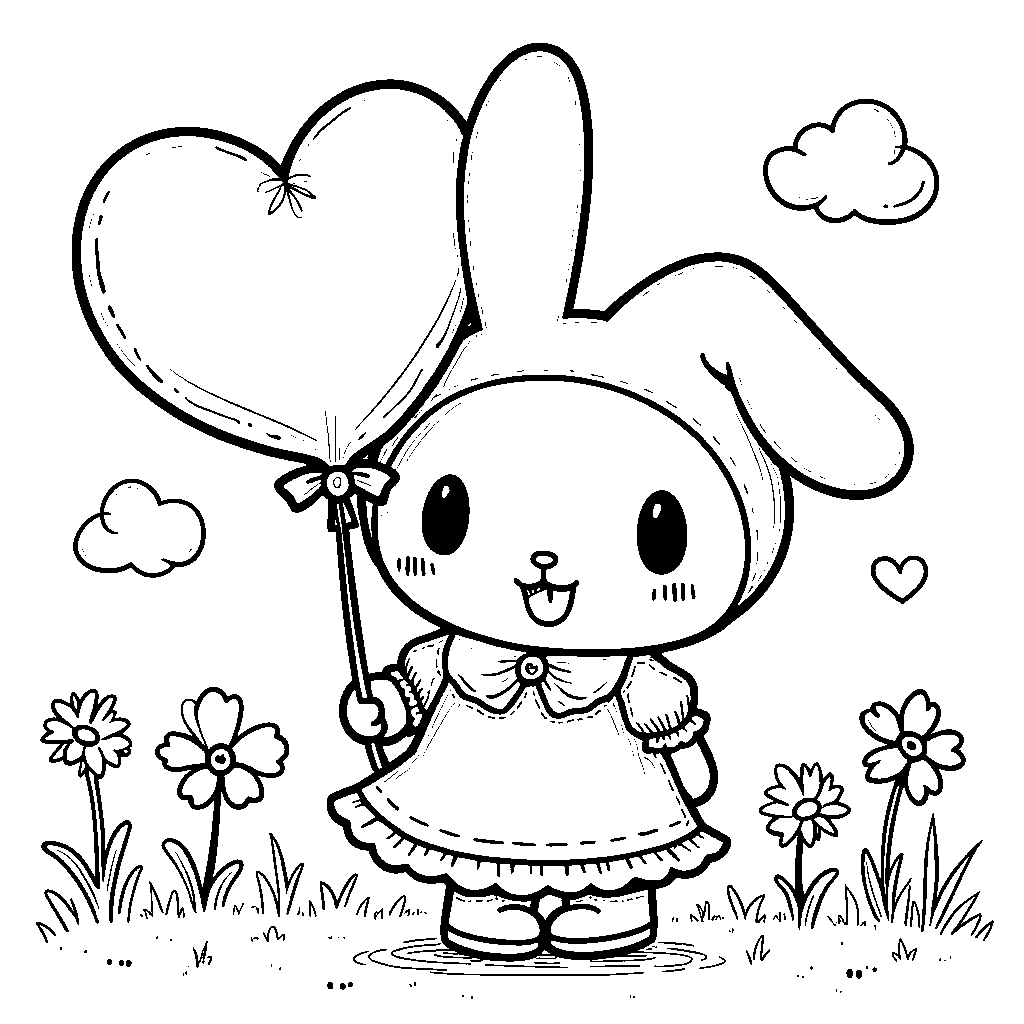 My Melody holding a giant heart-shaped balloon