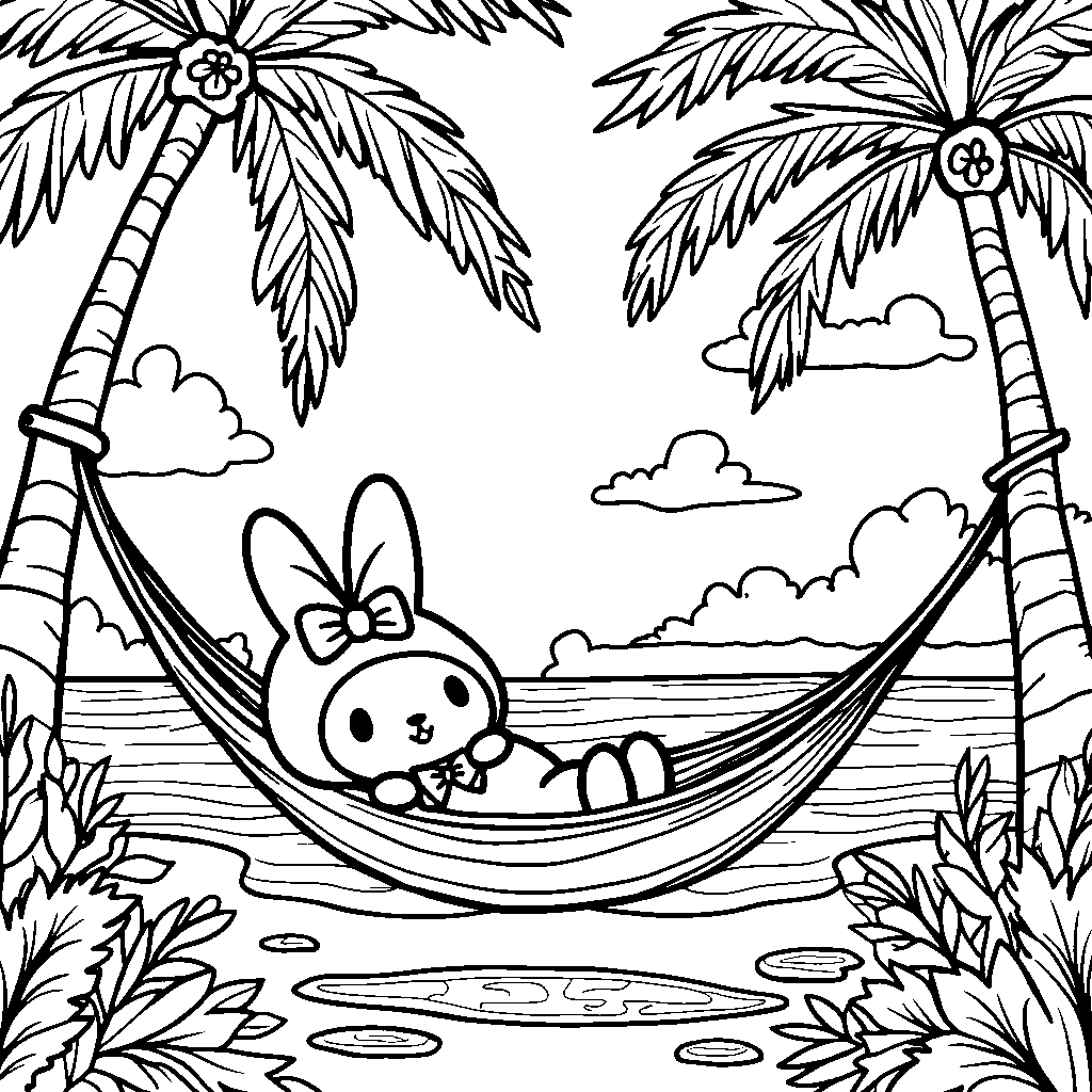 My Melody lounging in a hammock under palm trees