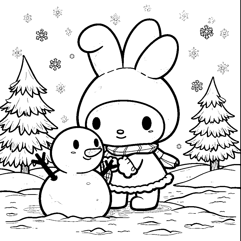 My Melody making a snowman in a winter wonderland