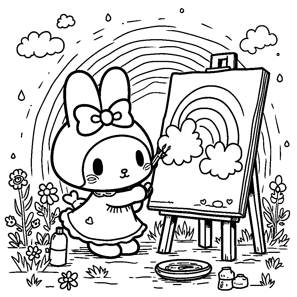 My Melody painting a rainbow on a big canvas