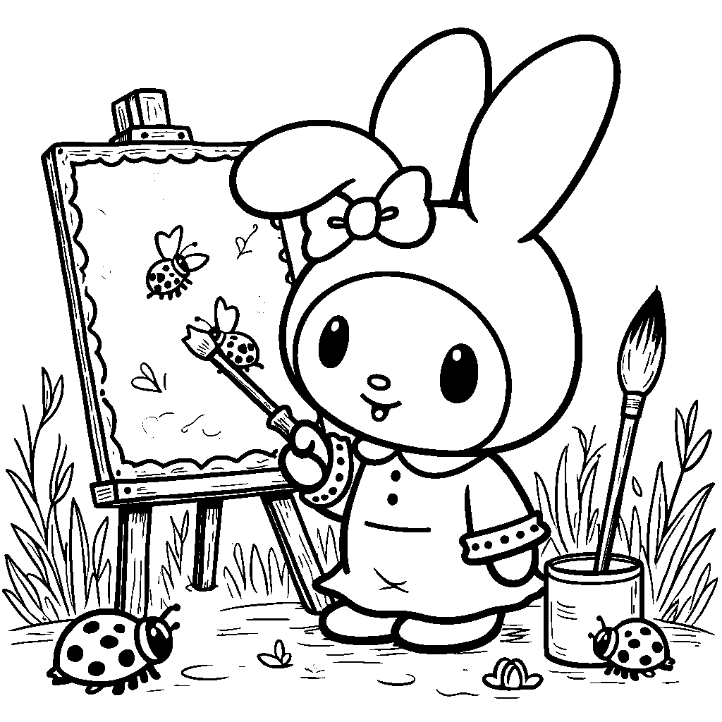 My Melody painting ladybugs with her artist brush