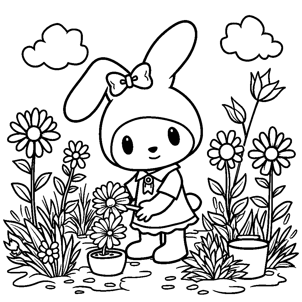 My Melody planting flowers in a garden