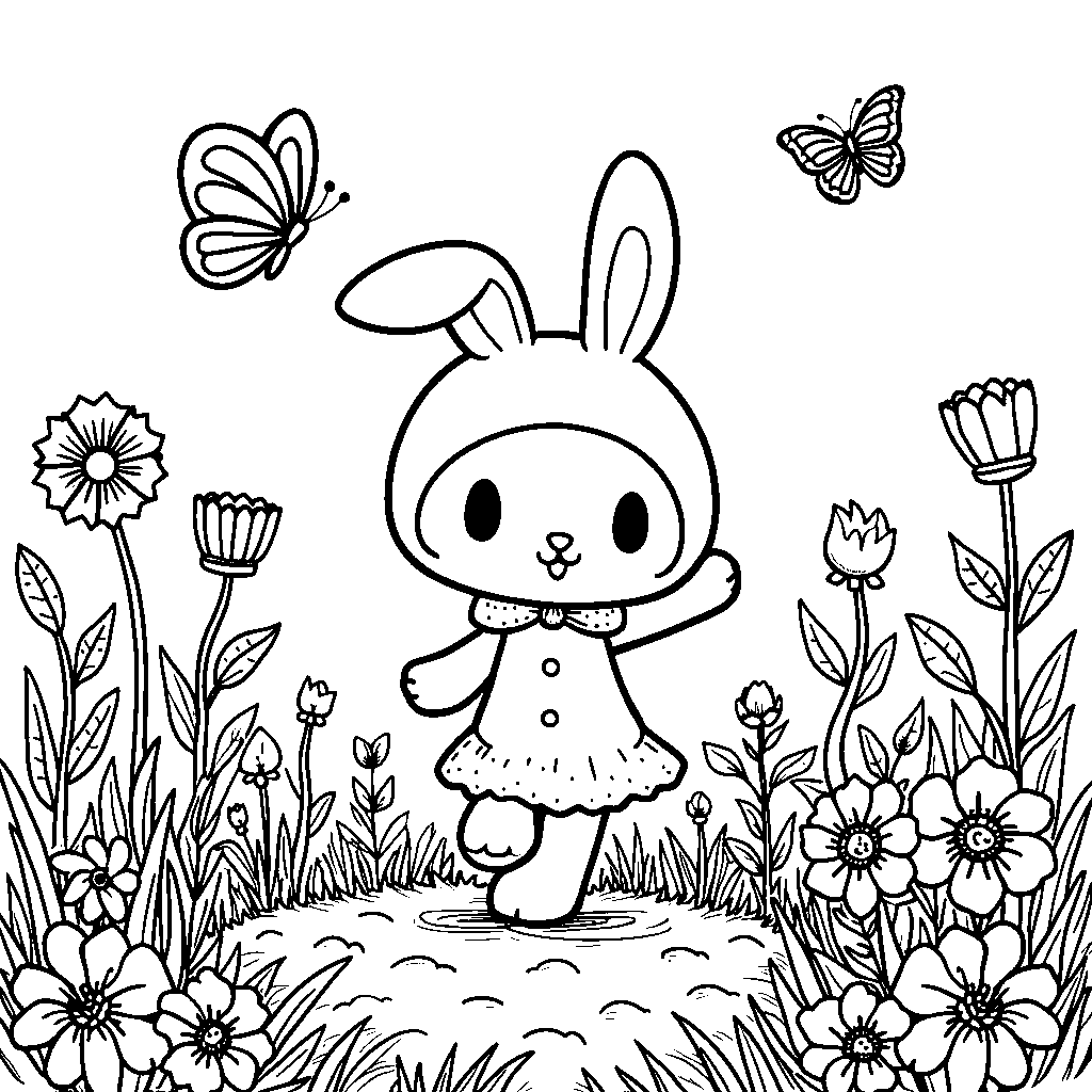 My Melody playing in a field of flowers with butterflies