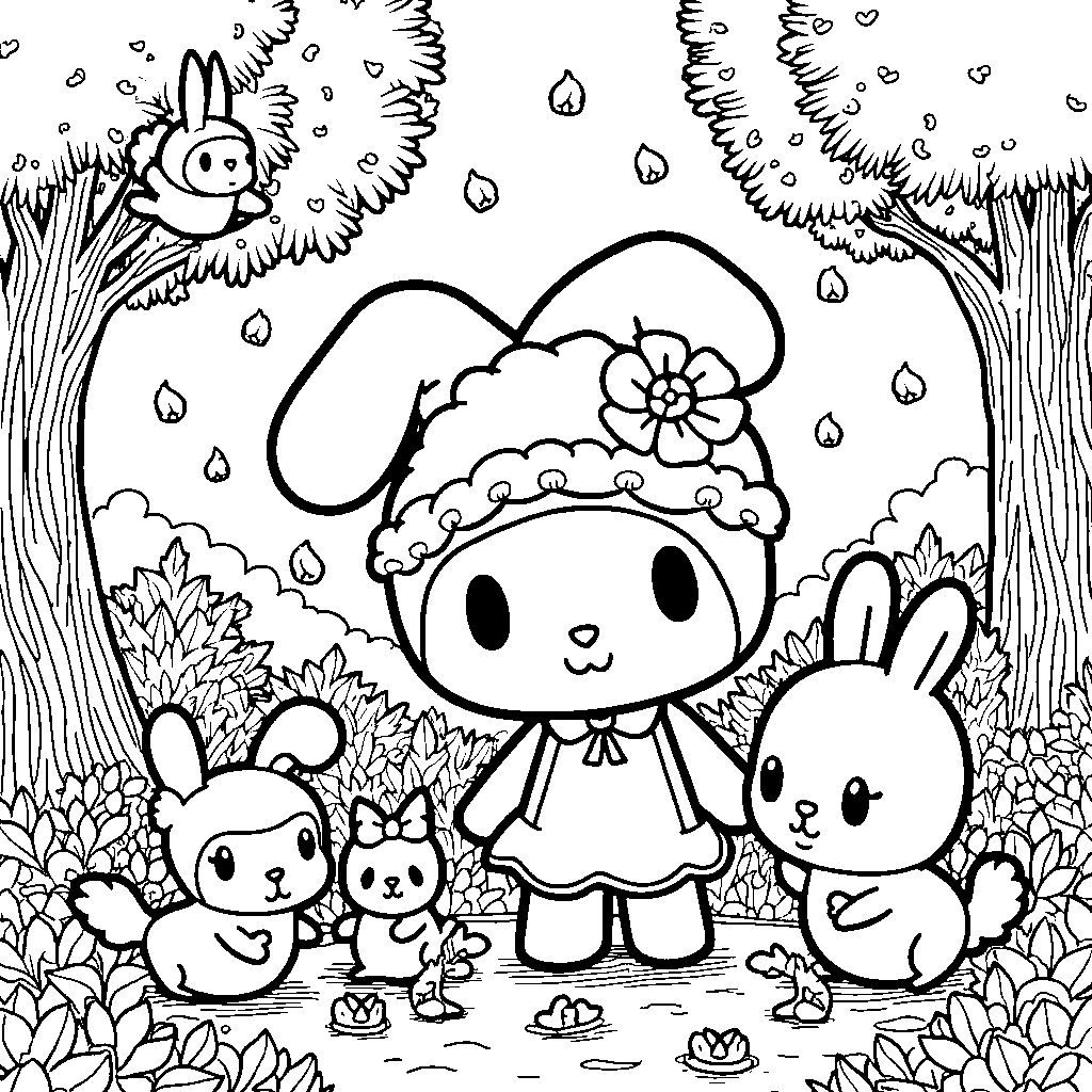 My Melody playing in a forest filled with cute animals