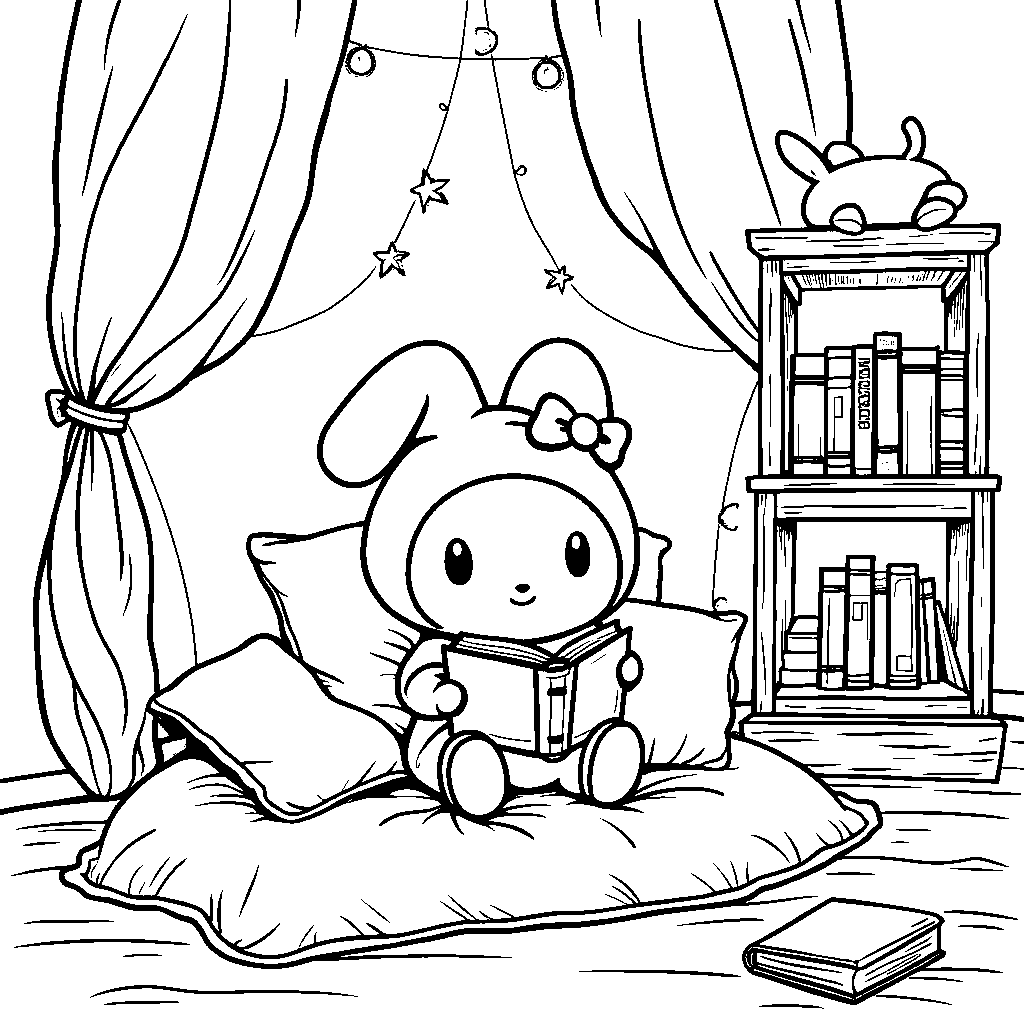 My Melody reading a book in a comfy reading nook