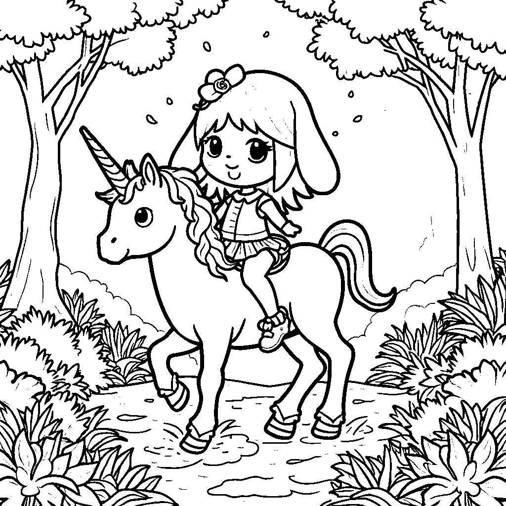 My Melody riding a unicorn through a magical forest