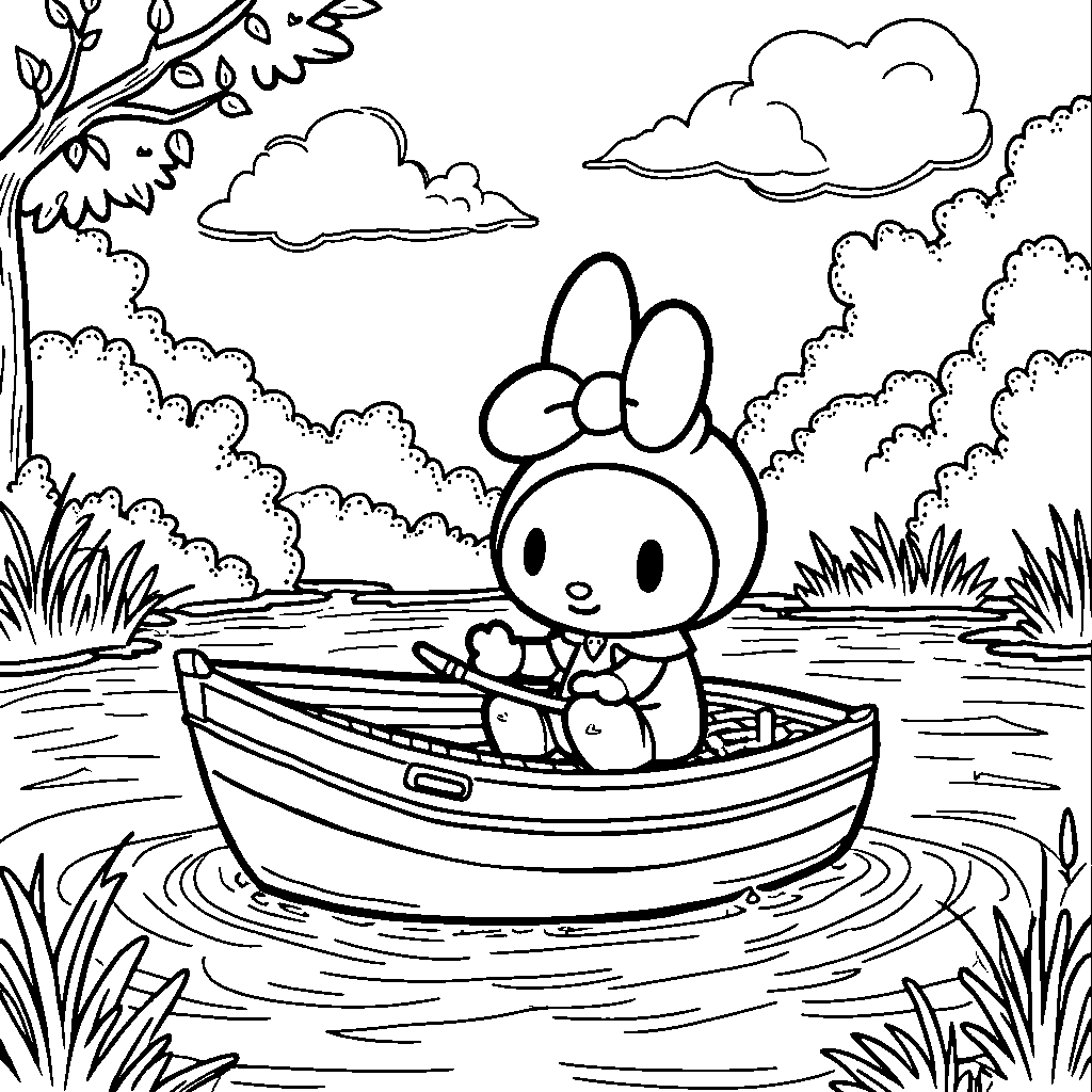 My Melody sailing a boat on a calm lake