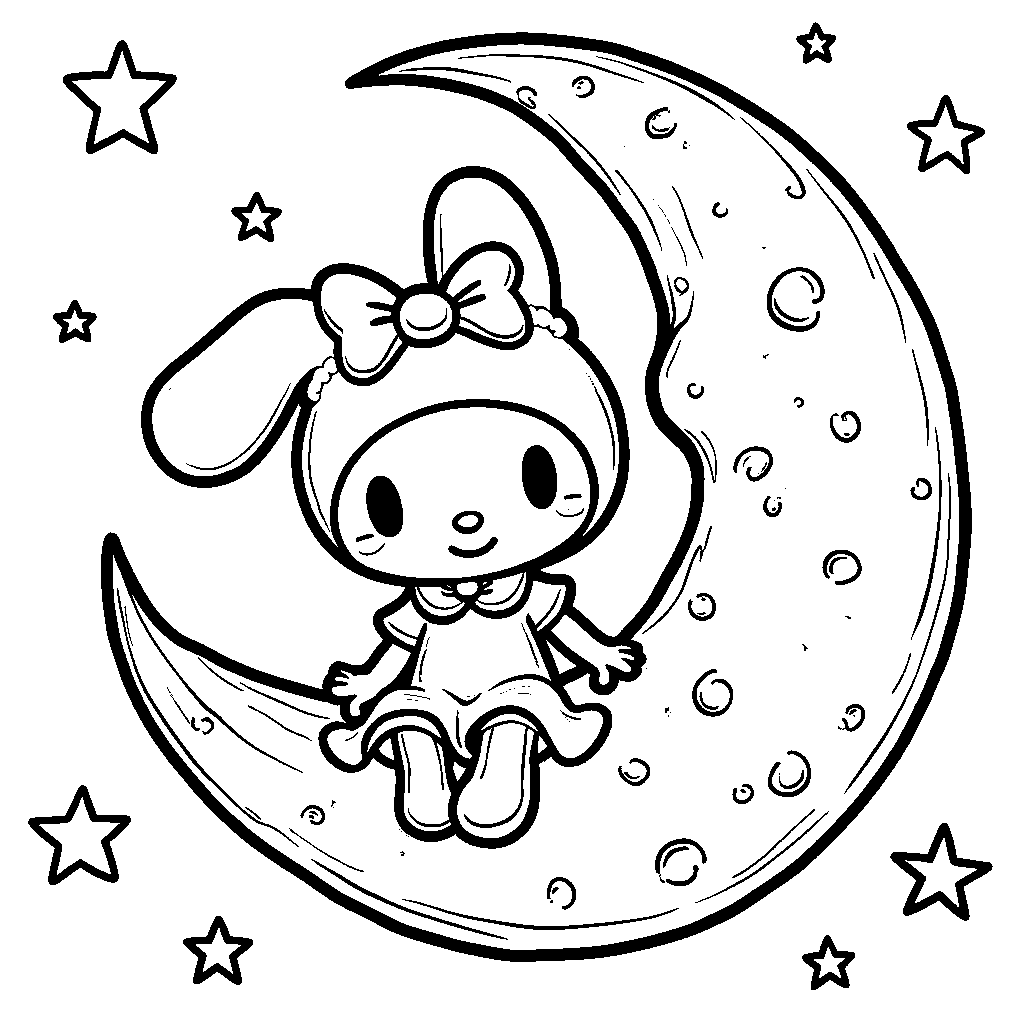 My Melody sitting on a crescent moon surrounded by stars