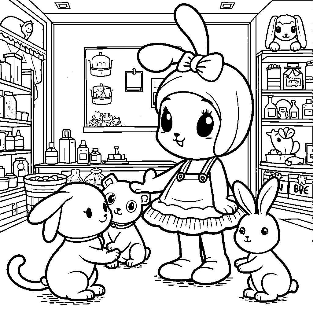 My Melody taking care of adorable pets at a pet store