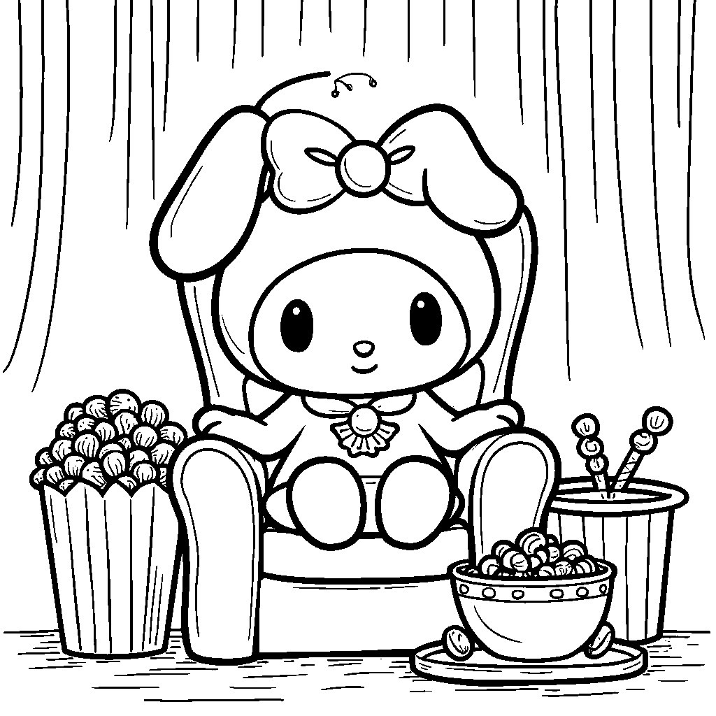 My Melody watching a movie with popcorn and candy