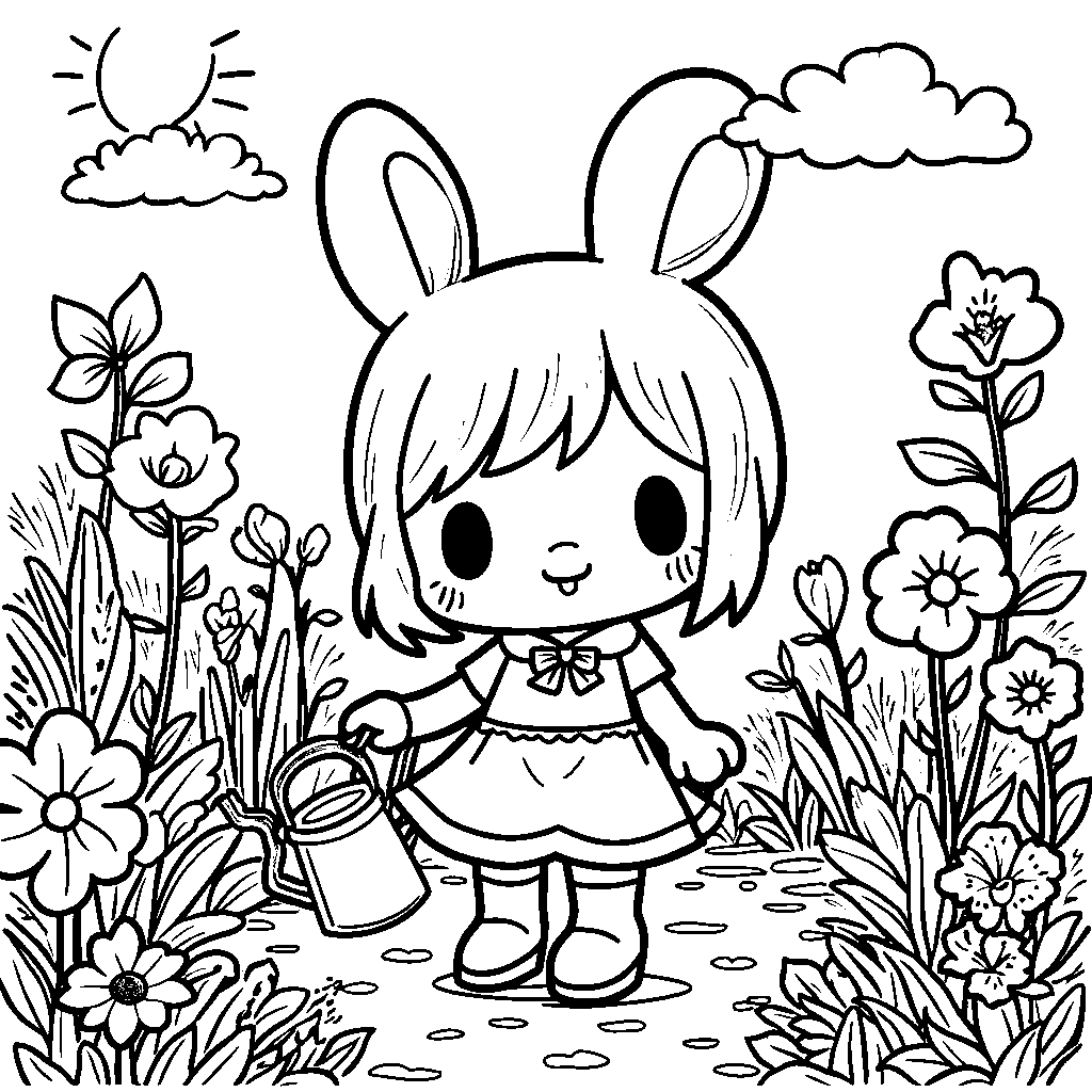 My Melody watering plants in her colorful garden