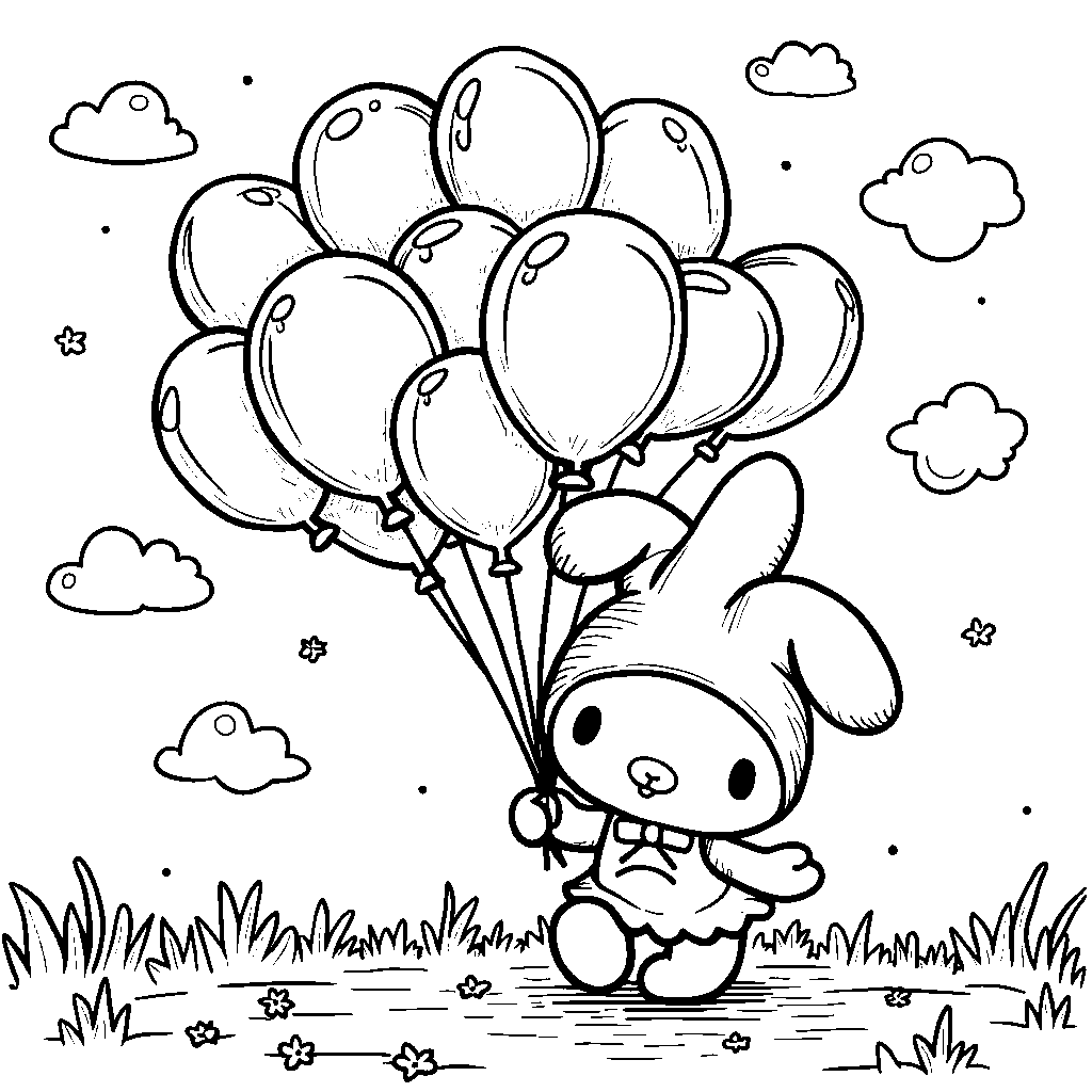 My Melody with a bunch of colorful balloons