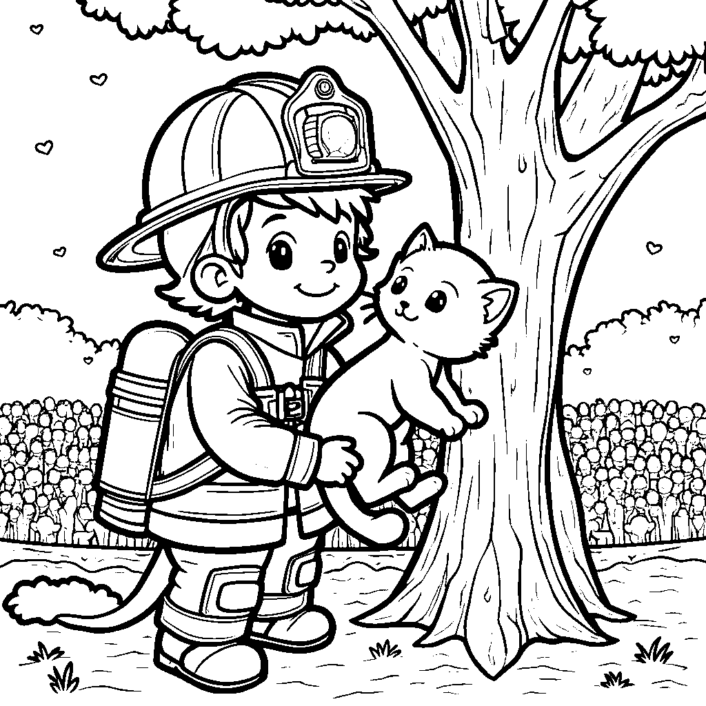 A brave firefighter saving a kitten from a tree