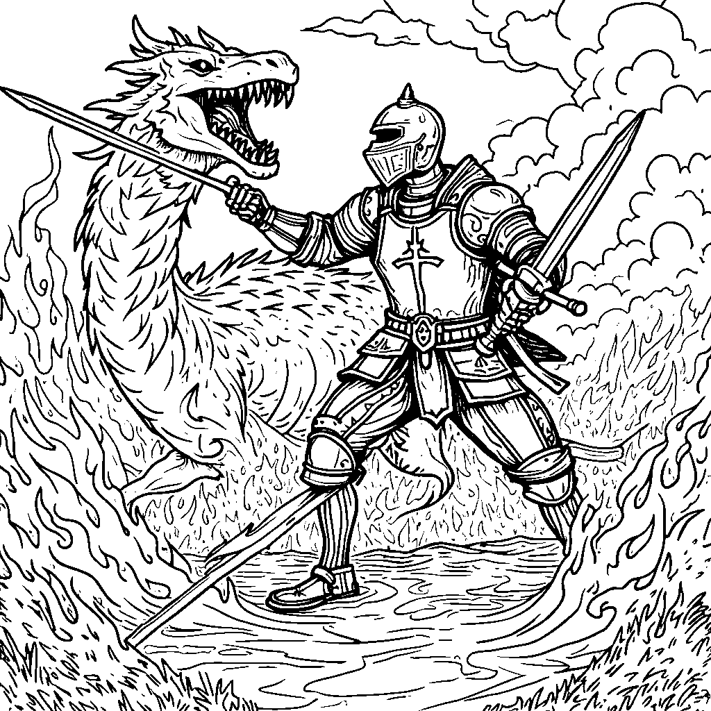 A brave knight fighting a fire-breathing dragon