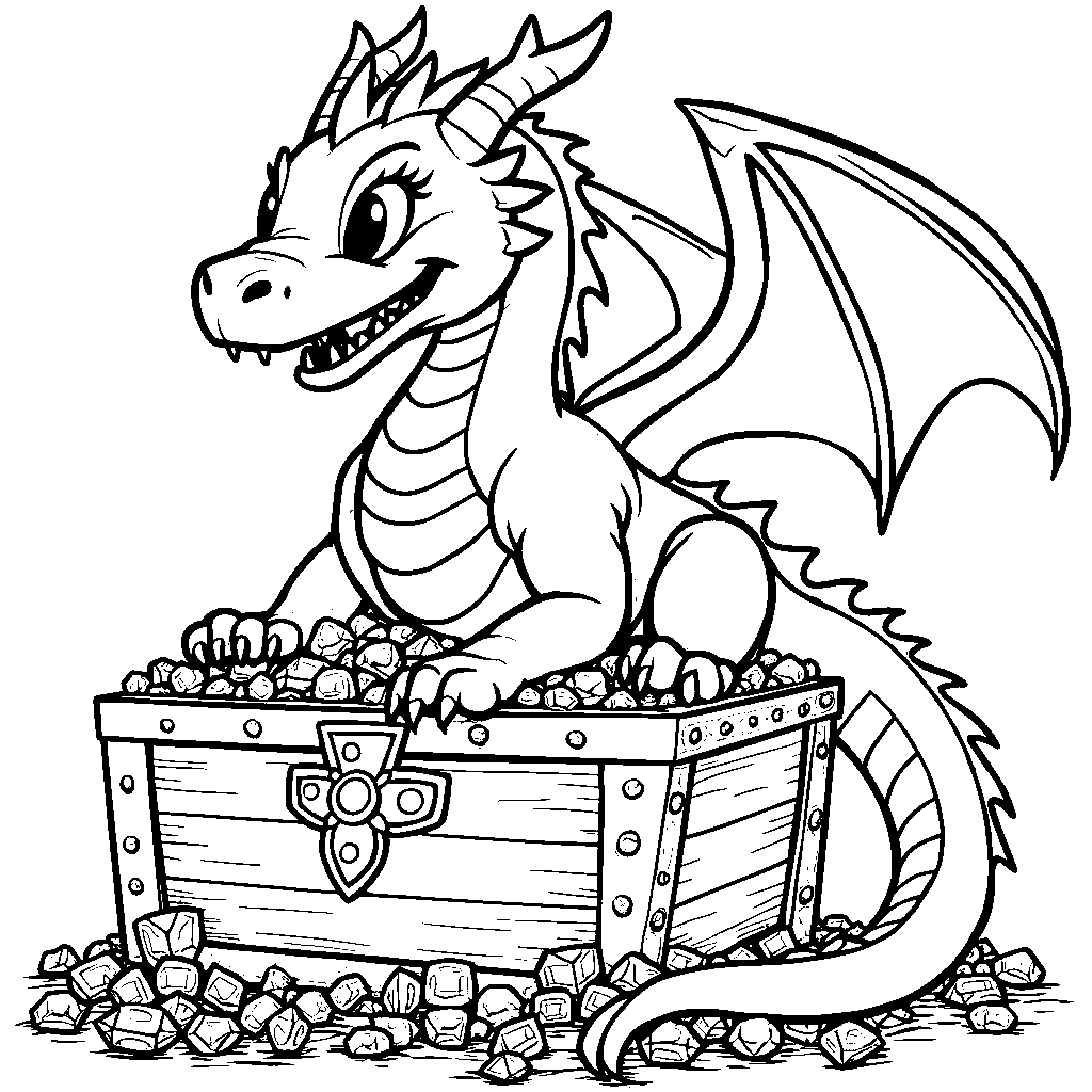 A dragon guarding a treasure chest filled with glittering jewels