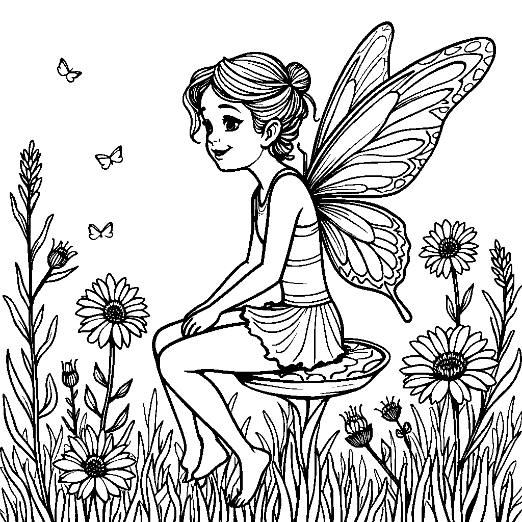 A fairy riding on the back of a butterfly through a sunny meadow