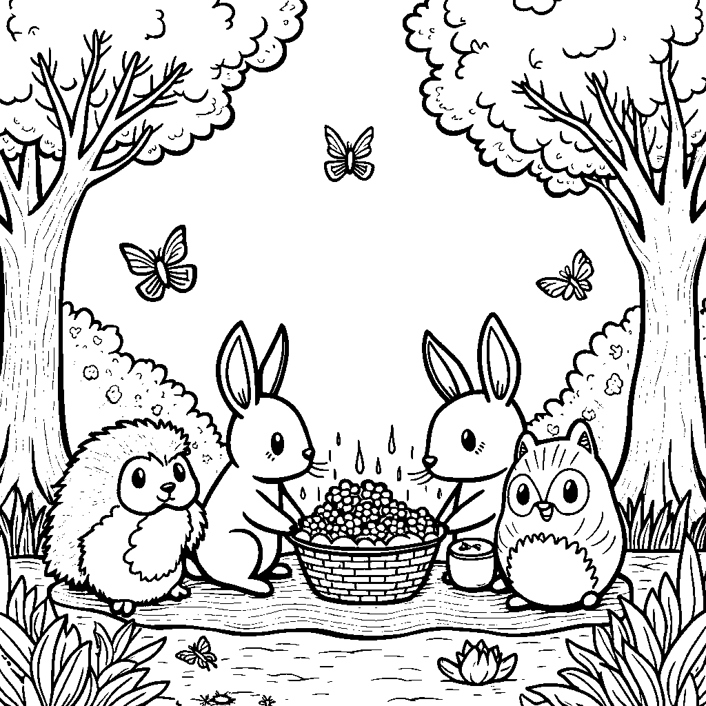 A group of animal friends having a picnic in the forest