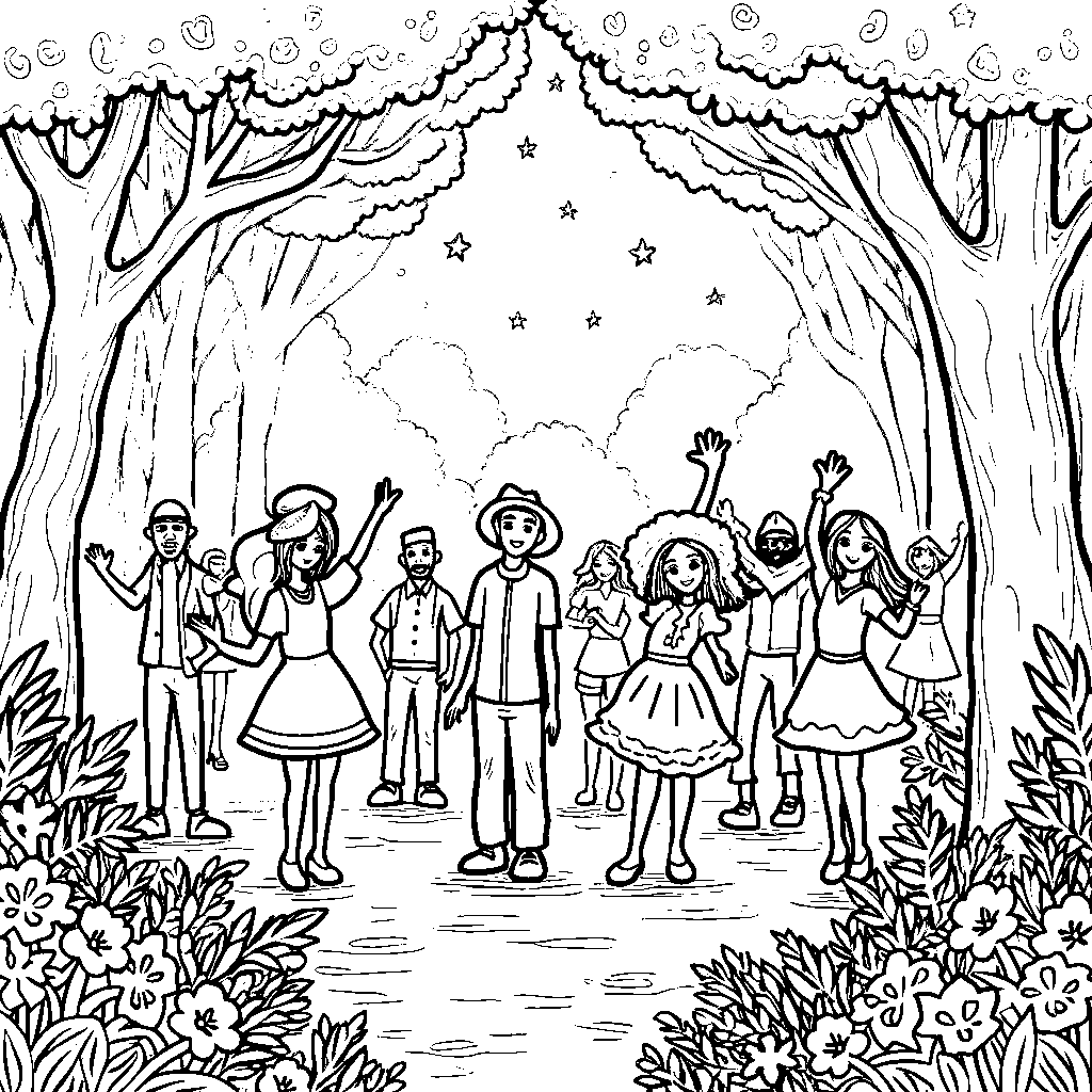 A group of friends having a dance party in a magical forest