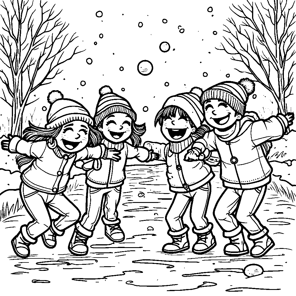 A group of friends having a snowball fight in the winter