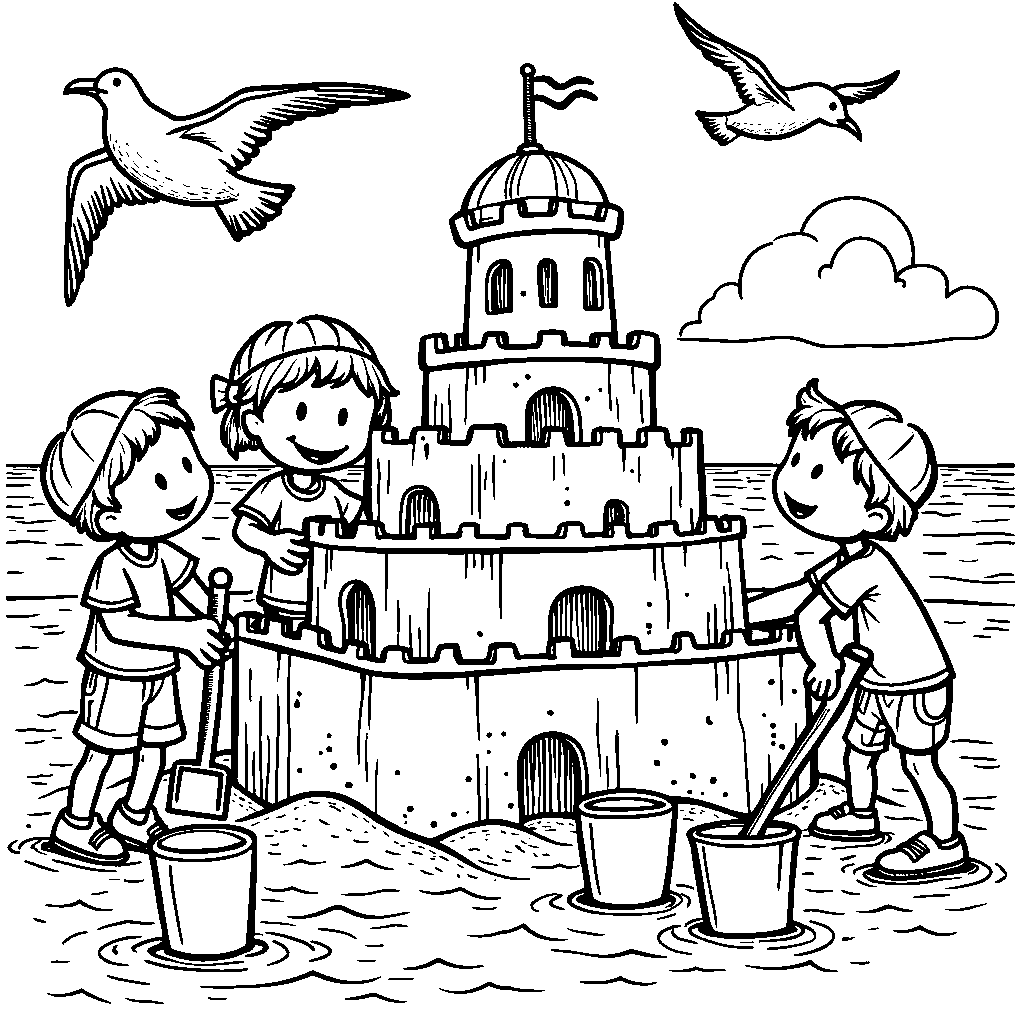 A group of kids building a giant sandcastle on the beach