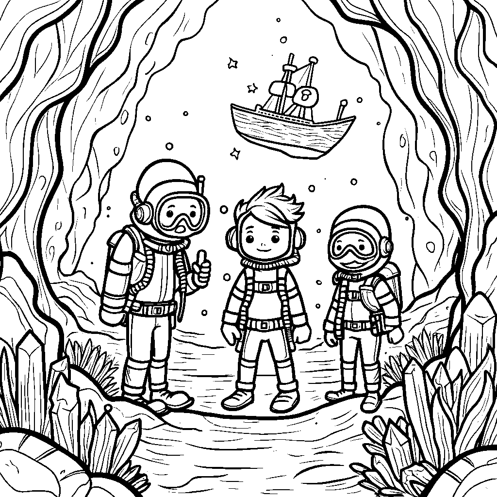 A group of kids exploring a mysterious underwater cave