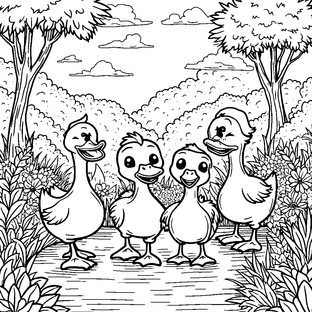 A happy family of ducks taking a stroll through the park