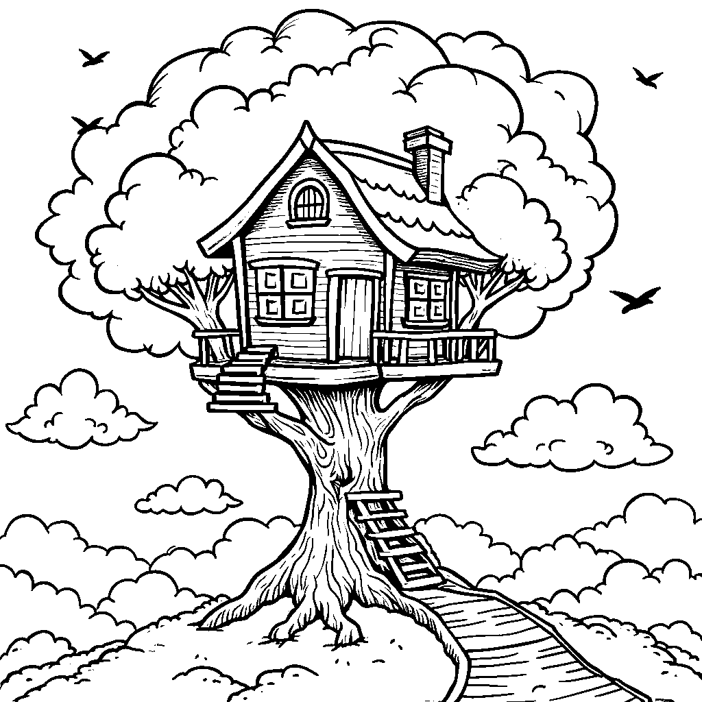 A magical treehouse hidden in the clouds