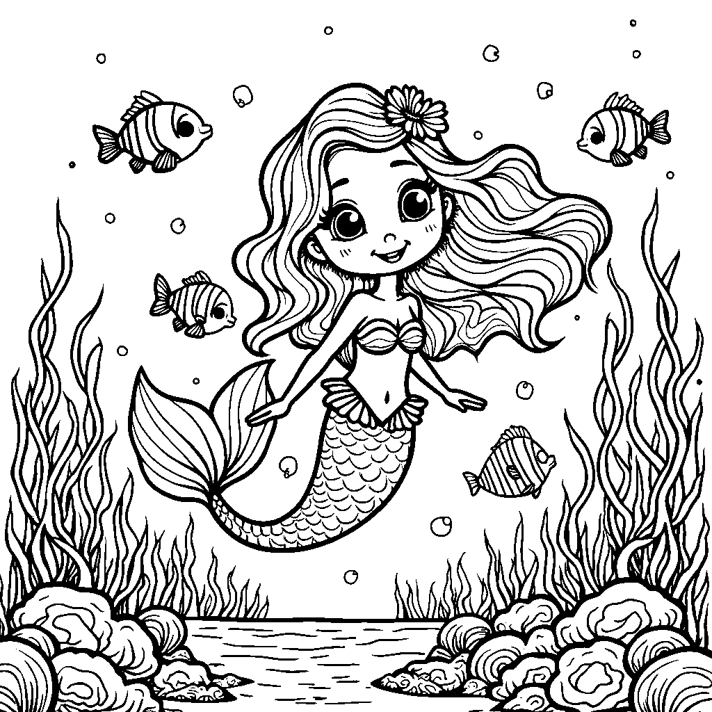 A mermaid swimming with a school of rainbow-colored fish