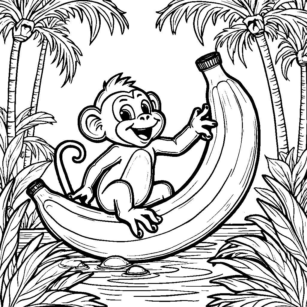 A happy monkey playing with a giant banana