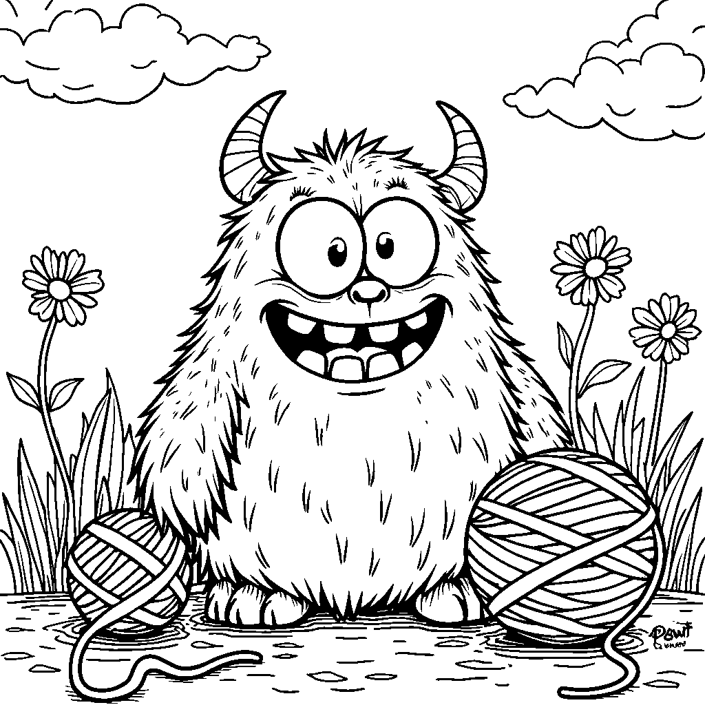 A happy monster playing with a giant ball of yarn