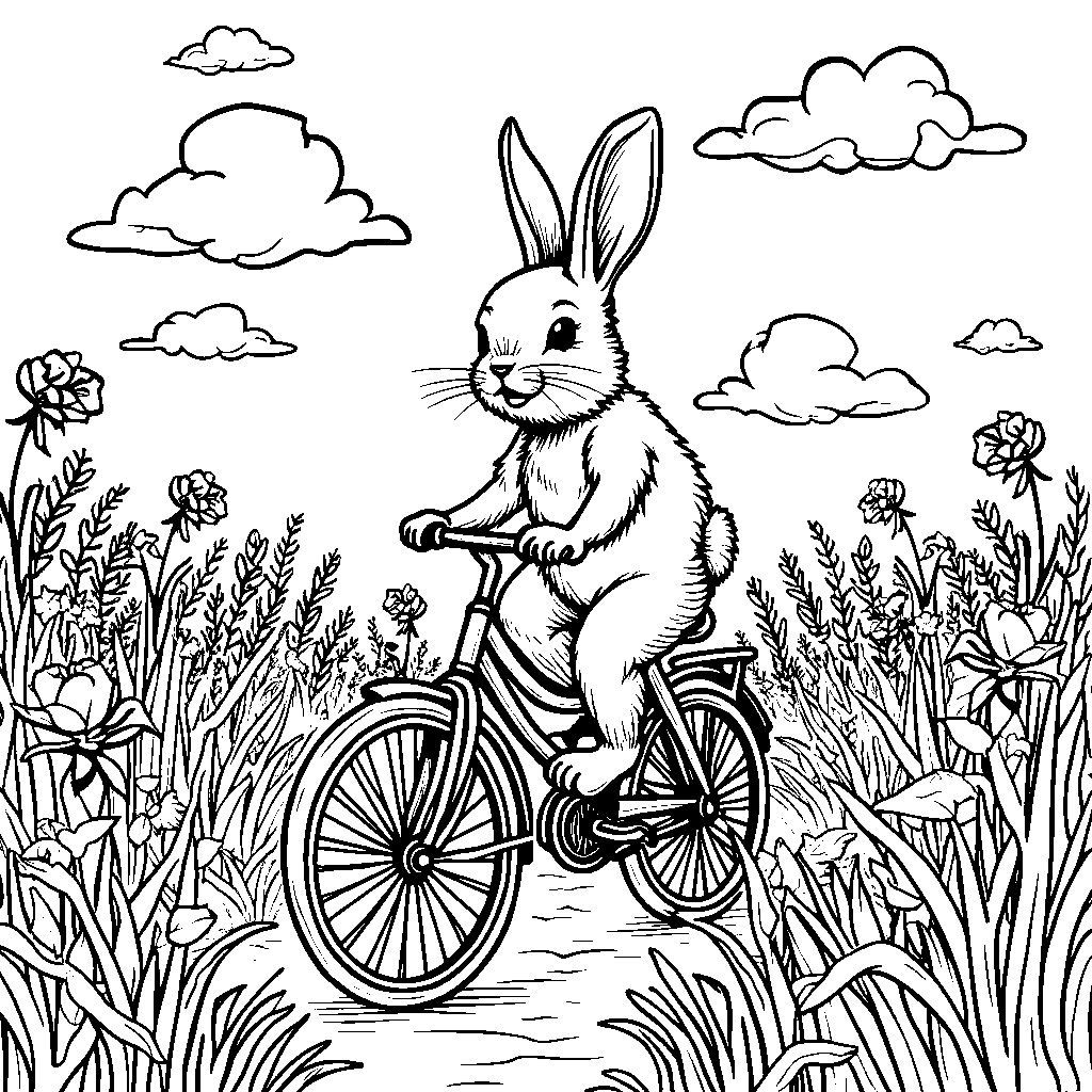 A happy rabbit riding a bicycle through a field of flowers