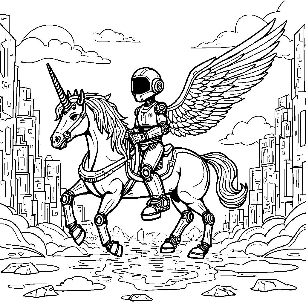 A robot riding a unicorn through a rainbow-colored city