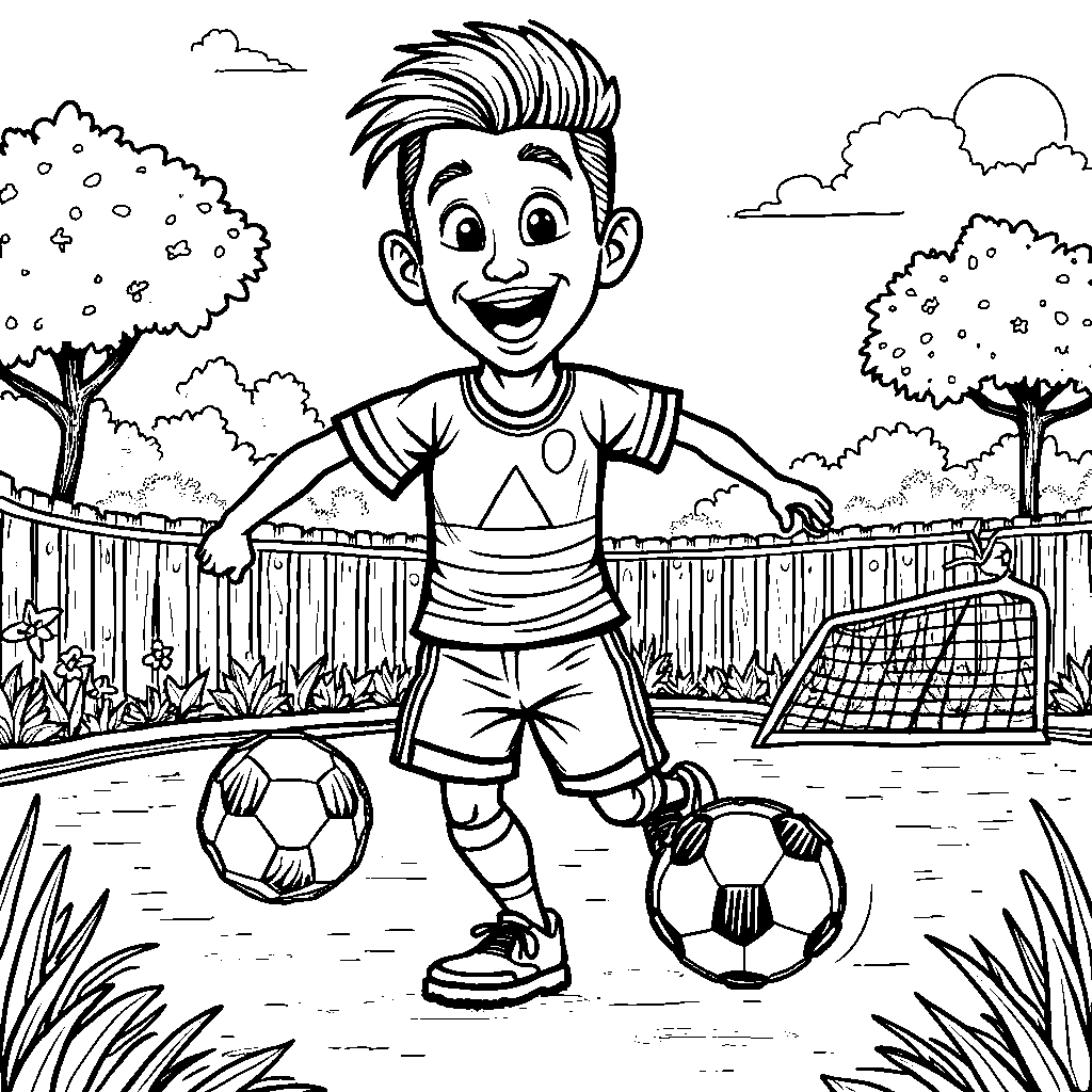 A cartoon-style Neymar having fun in a backyard soccer match