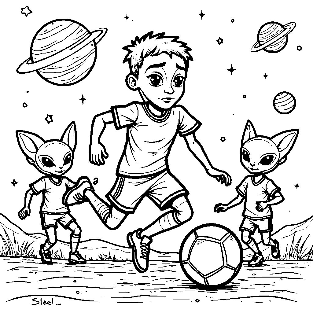 A space-themed Neymar playing soccer with aliens wearing jerseys