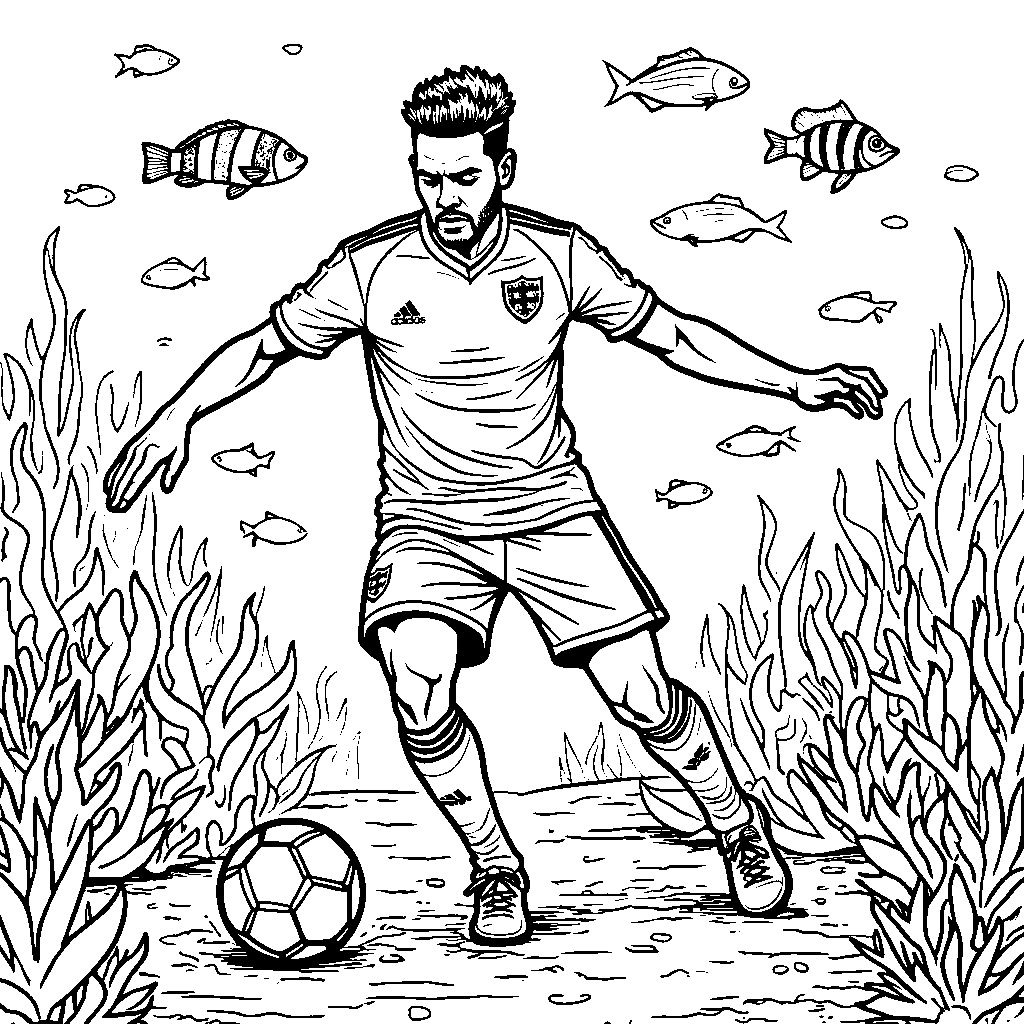 A whimsical scene of Neymar playing soccer underwater with fish