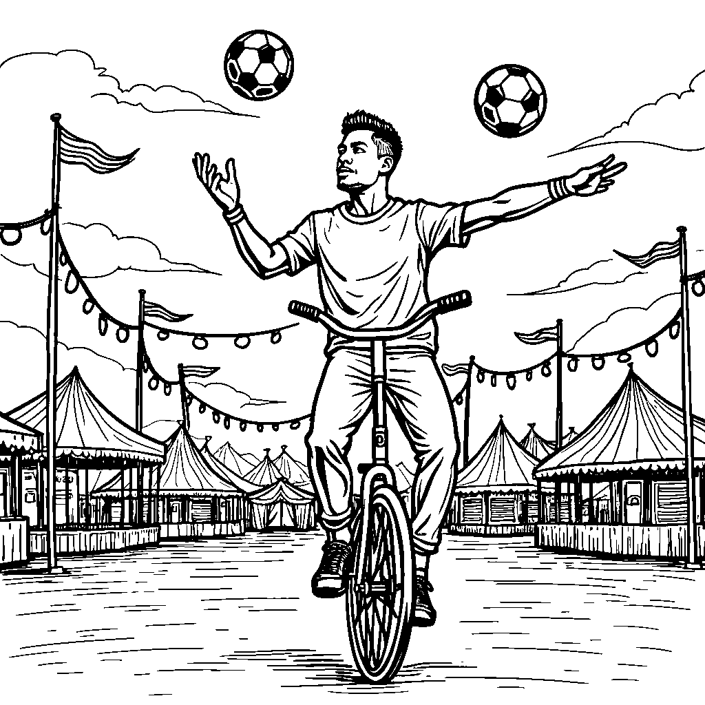 Neymar at a carnival, juggling soccer balls while riding a unicycle