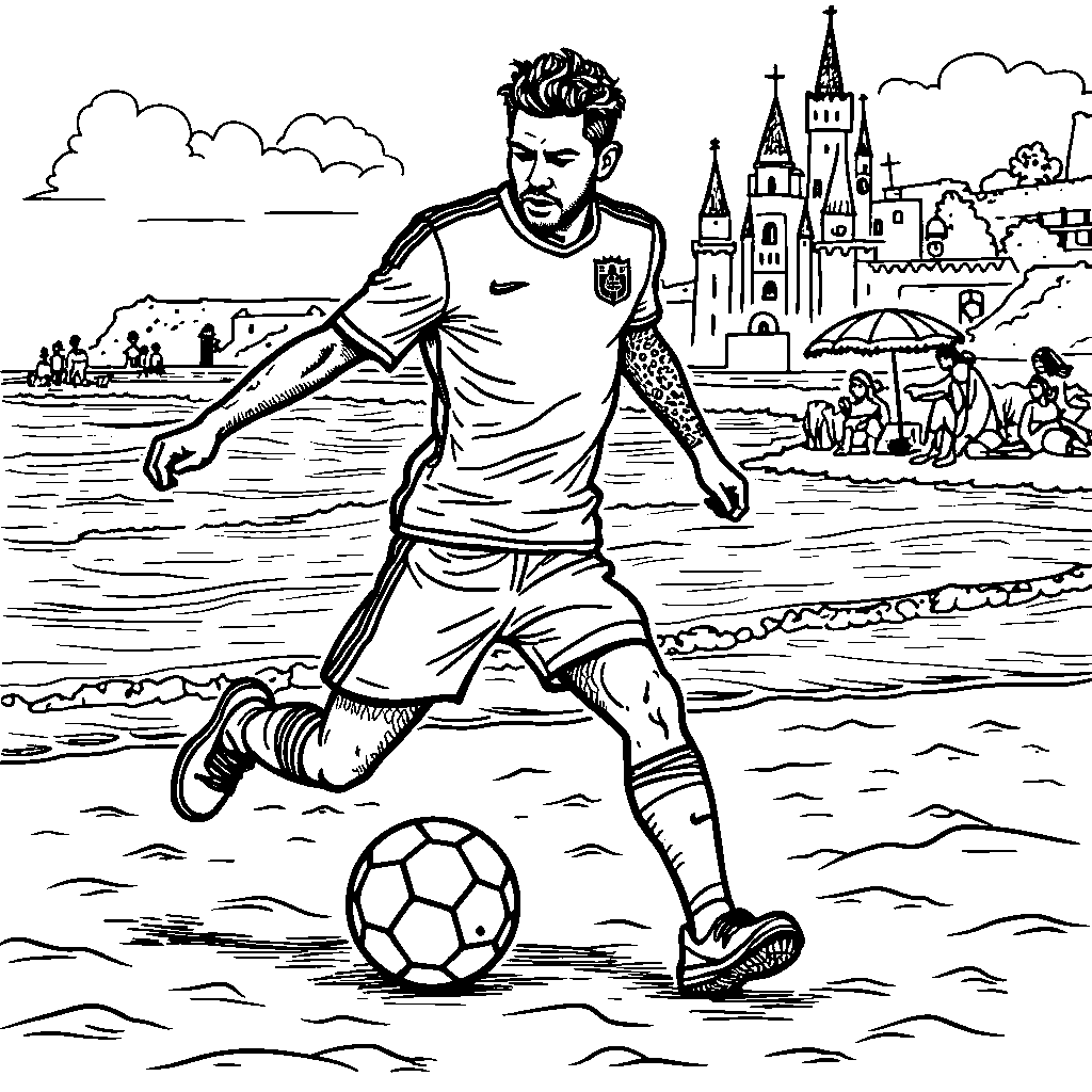 Neymar at the beach playing soccer with sandcastles in the background