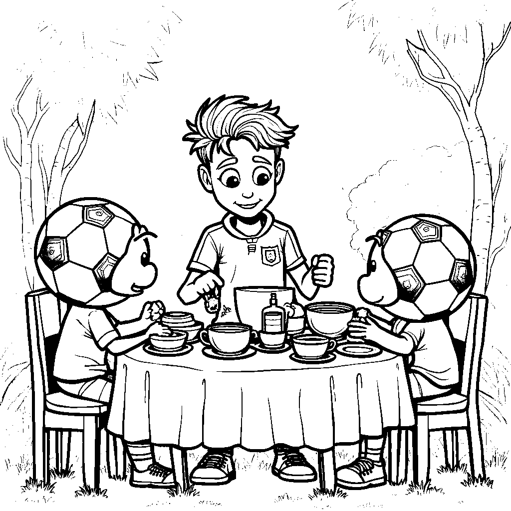 Neymar having a tea party with animated soccer balls as guests