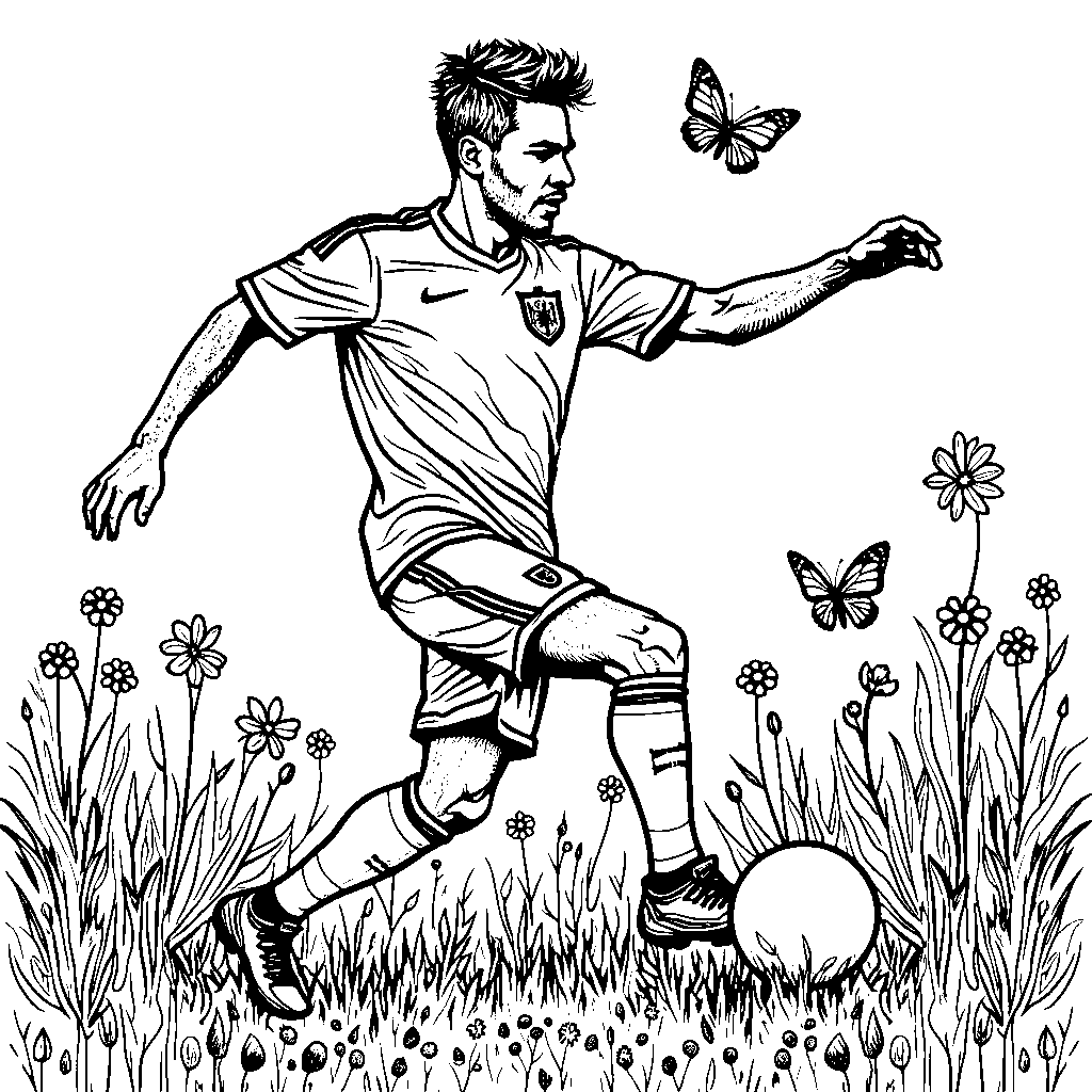 Neymar in a field of flowers, playing soccer with butterflies around him